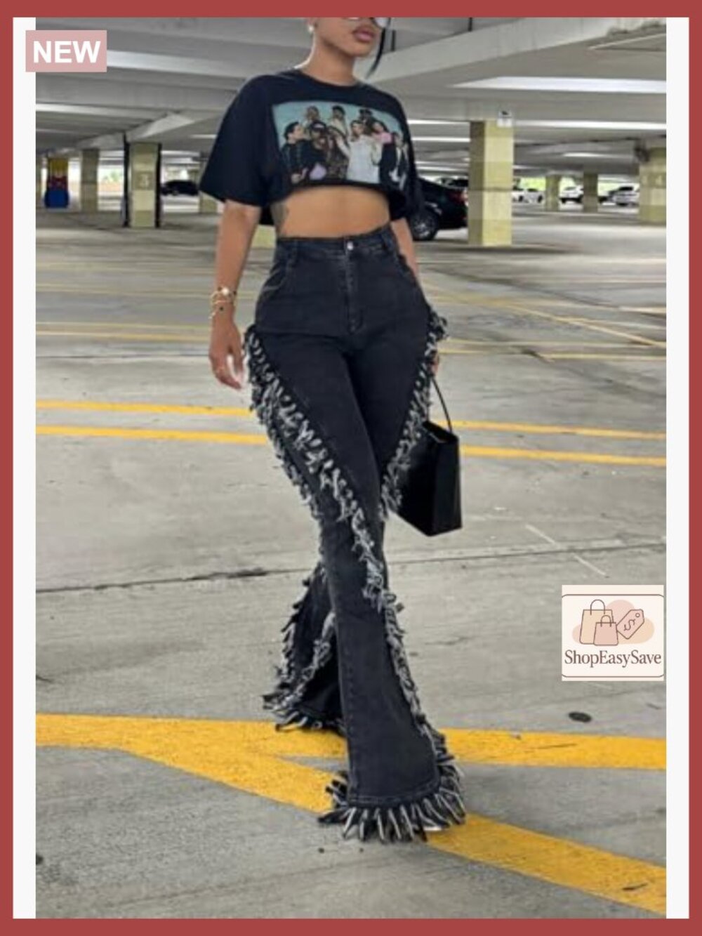 Flare Jeans with Distressed Fringes High Waisted Patchwork Denim Pants Frayed - Picture 4 of 6